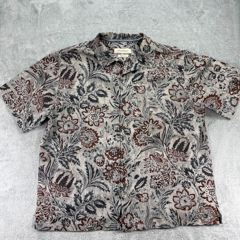 Tommy Bahama Camp Shirt Mens 2XL Gray Floral Silk Classic Original Fit Button Up